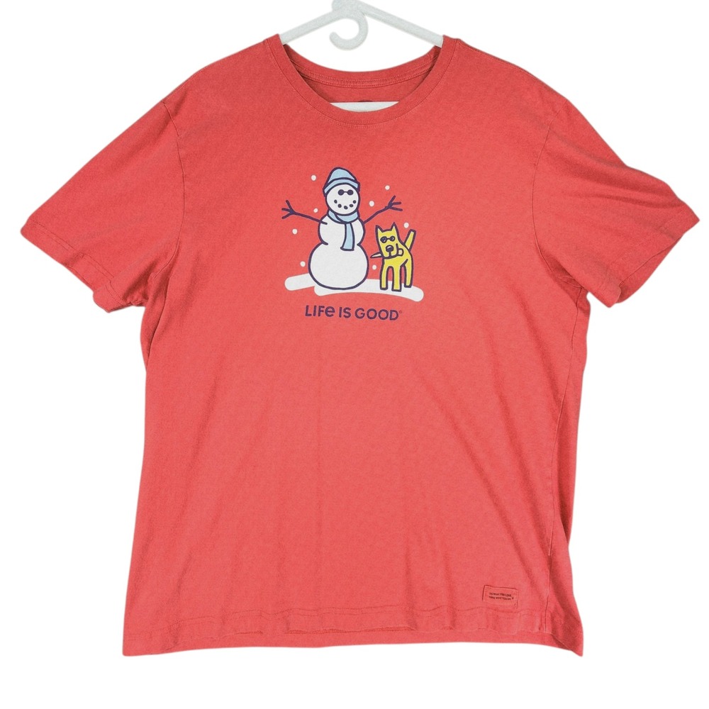 Life is Good‎ Snowman T Shirt sz L Men Crusher Tee Classic Fit Coral Orange Dog
